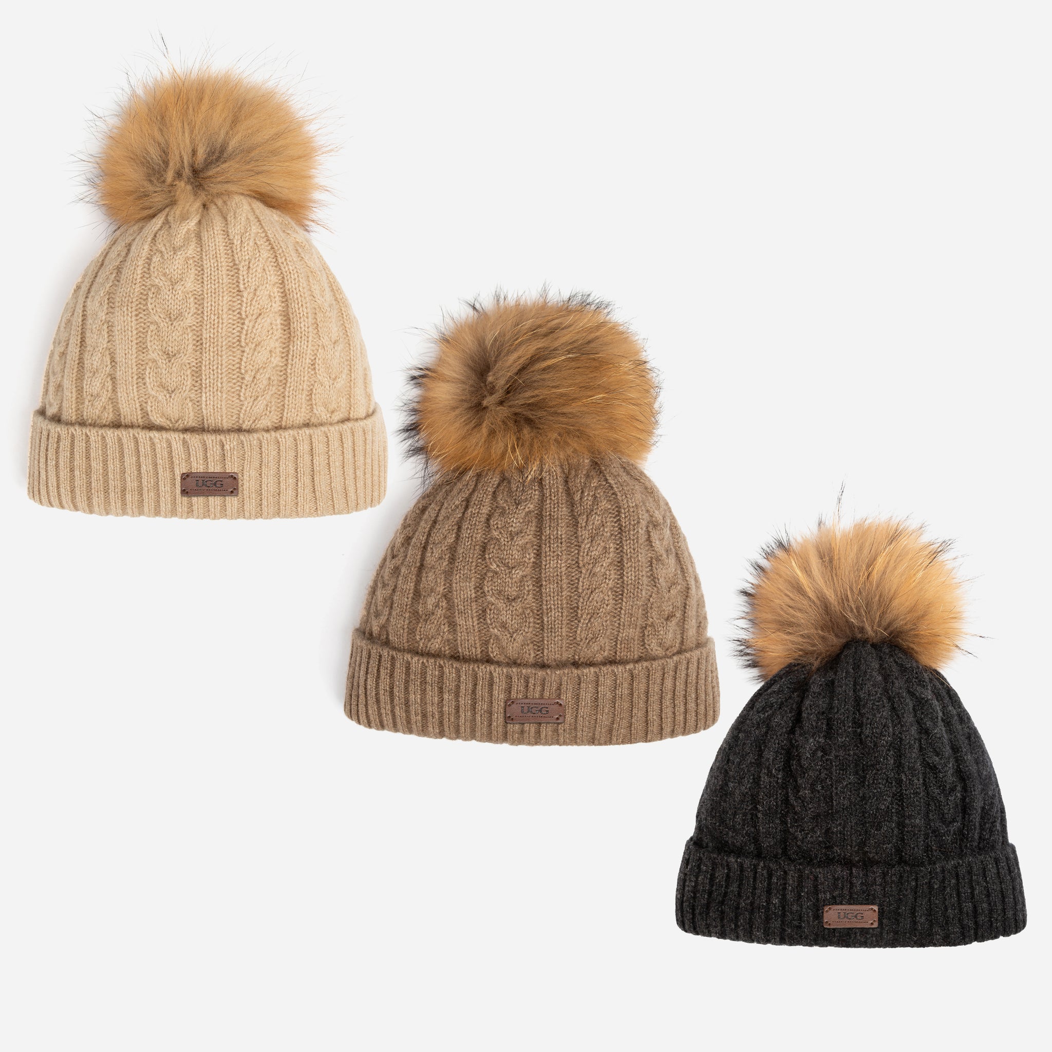 Ugg Cable Knit Pure Cashmere Beanie With Detachable Pom Pom (Raccoon)