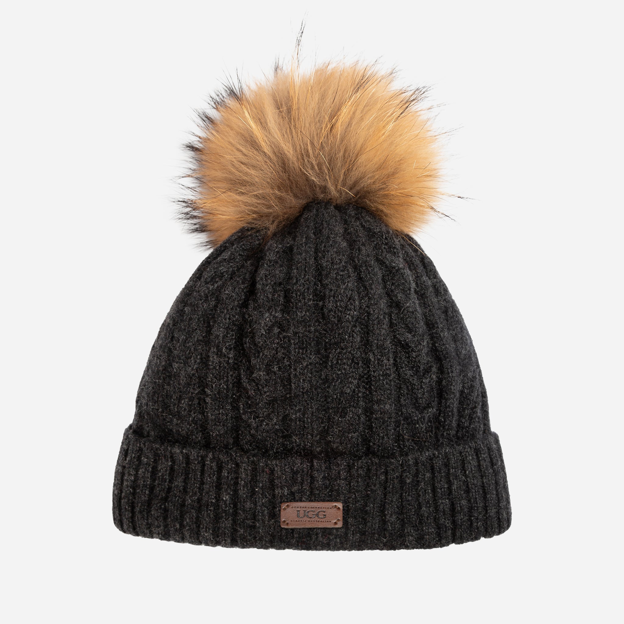 Ugg Cable Knit Pure Cashmere Beanie With Detachable Pom Pom (Raccoon)