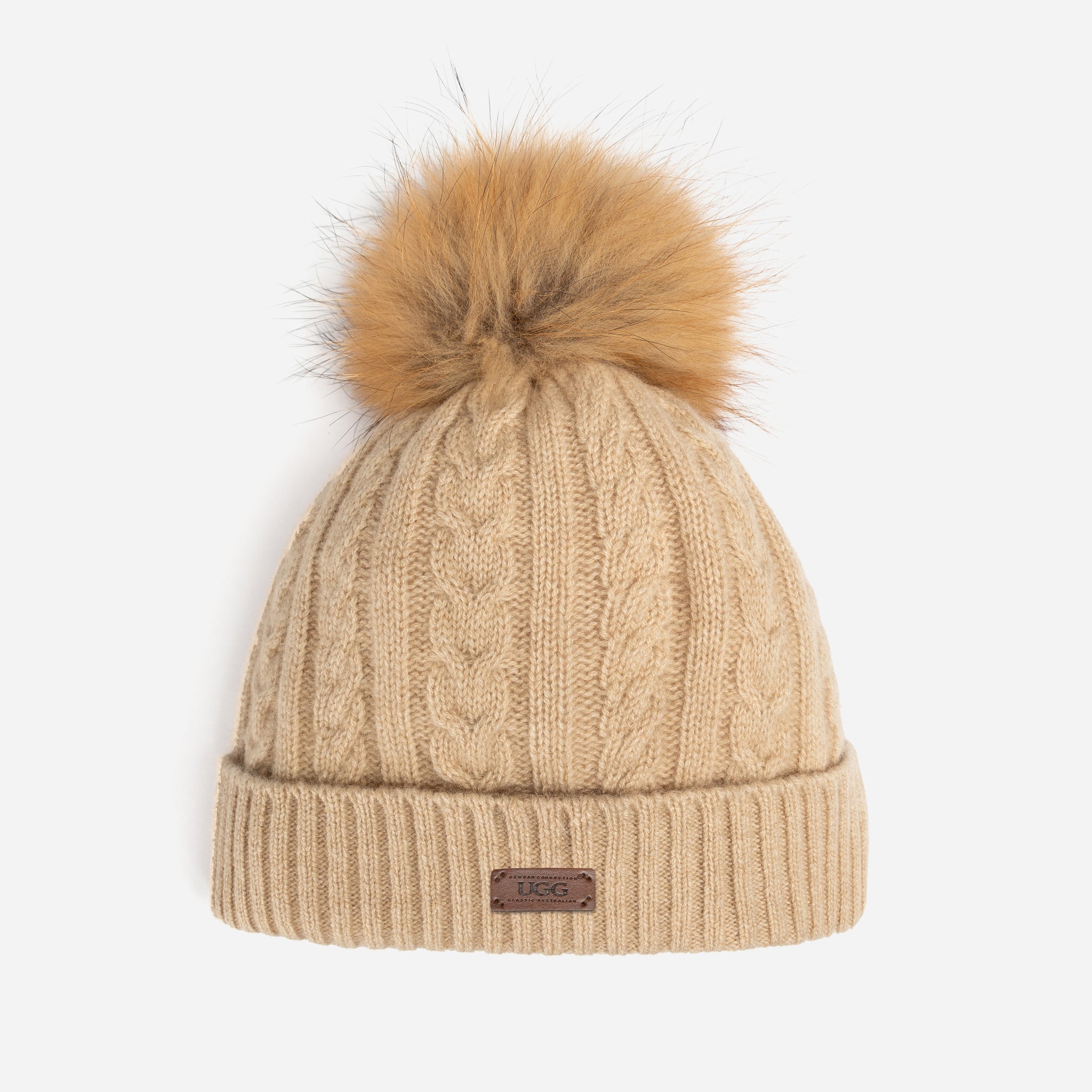 Ugg Cable Knit Pure Cashmere Beanie With Detachable Pom Pom (Raccoon)