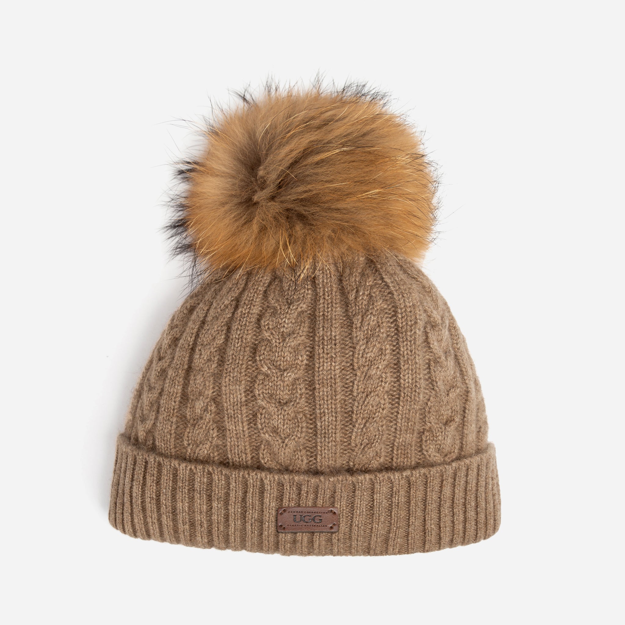 Ugg Cable Knit Pure Cashmere Beanie With Detachable Pom Pom (Raccoon)